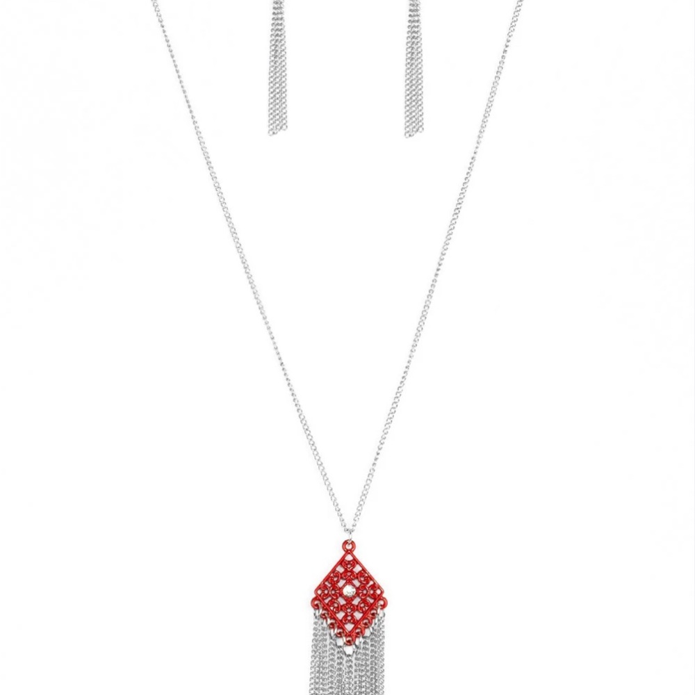 Elegant Silver and Red Necklace Set